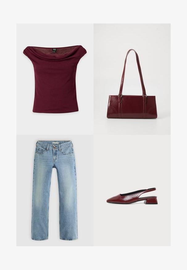 Haut bordeaux épaules dénudées à manches courtes avec encolure drapée et étiquette de marque BDG sur fond uni.; Jeans droits bleu clair en denim, dotés d'une fermeture à bouton, de cinq poches et d'un léger dégradé le long des jambes.; Chaussure slingback en cuir marron avec bout pointu et petit talon carré, vue de profil sur fond clair uni.; Sac à main bordeaux en matériau brillant, de forme rectangulaire, avec deux anses et des accents légèrement courbés à l'avant.