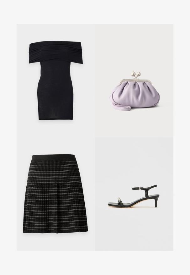 Robe noire épaules dénudées avec des détails froncés au niveau de la poitrine, coupe moulante, et texture de tissu lisse et léger.; Jupe plissée noire avec une taille lisse, ornée de subtiles rayures horizontales contrastées en argent et blanc sur le tissu.; Sandale noire en cuir à talon avec bride à la cheville, bout ouvert, devant carré et accent en métal argenté. Design ajusté avec un profil élégant.; Pochette lavande douce avec tissu froncé, fermoir kiss-lock argenté et bracelet assorti sur un fond clair uni.