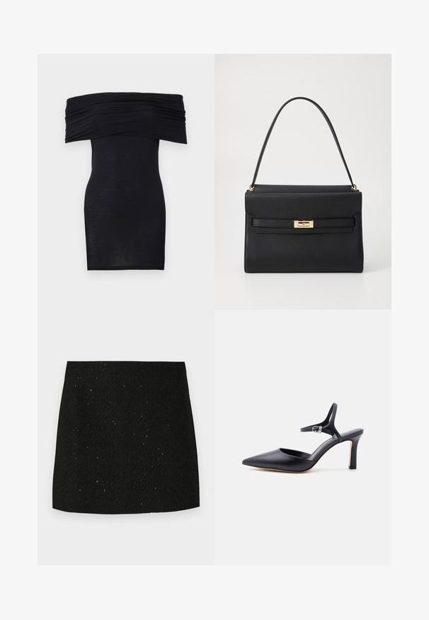 Sort off-the-shoulder kjole med rynket detalje ved brystet, bodycon pasform og en glat, let stoftekstur.; Sort struktureret mini nederdel med subtile glitrende prikker, lige snit, og uden synlige dekorationer eller mønstre.; Sort spids højhælet sko med tynd ankelrem og sølvspænde, glat læderfinish, elegant damesko.; Sort læder håndtaske med en struktureret form, der har en glat tekstur, guldfarvet spænde og en enkelt skulderrem.