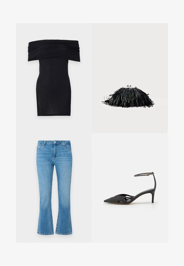 Sort off-the-shoulder kjole med rynket detalje ved brystet, bodycon pasform og en glat, let stoftekstur.; Lyseblå denim flared jeans med høj talje, forlommer og en falmet vask. Har en metalspænde lukning og kontraststing.; Sort læder højhælet sko med spids tå, åbne sider og en tynd ankelrem med en lille guld detalje.; Sort clutchtaske med frynser, sølvlukning og kæderem mod en ensartet lys baggrund.