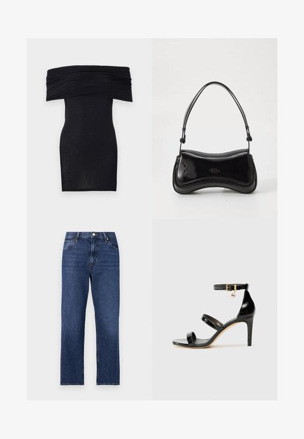 Sort off-the-shoulder kjole med rynket detalje ved brystet, bodycon pasform og en glat, let stoftekstur.; Denim jeans i en mørkeblå vask. Lige ben-design med fem-lomme stil, front lukning med knap og kontrasterende syning.; Sorte patenterede lædersandaler med tre stropper, ankelspænde og 10 cm stiletthæl. Har detaljer i guld og et logo charms.; Sort patentlæder håndtaske med en buet form, et enkelt håndtag og en rund bund. Har en subtil logo-detalje på forsiden.