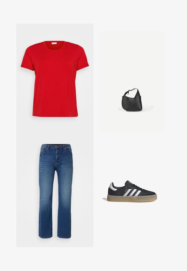 Camiseta roja de manga corta con cuello redondo, fabricada en una suave mezcla de algodón, que presenta un corte relajado y una textura lisa.; Jeans de mezclilla azul oscuro con un diseño de pierna recta, estilo de cinco bolsillos y cierre de botón y cremallera. Textura suave con un desvanecimiento mínimo.; Zapatilla deportiva de cuero negro con tres rayas plateadas, punta texturizada y suela de goma. Cuenta con un collar acolchado y un diseño con cordones.; Bolso de hombro de cuero negro con forma triangular redondeada y correa ajustable sobre un fondo liso y claro.