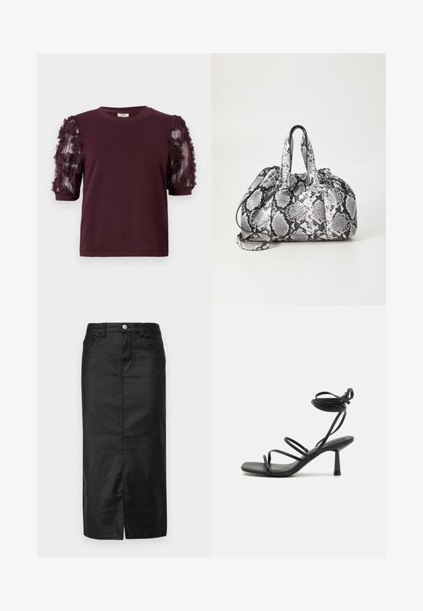 Burgunderfarbener T-Shirt mit kurzen Ärmeln aus weichem Stoff, mit Tüllärmeln verziert mit strukturierten floralen Rüschen.; Schwarzer Denim-Midirock mit Schlitz vorne, Fünf-Taschen-Design und Metallknopfverschluss. Glatte Textur und klassischer gerader Schnitt.; Schwarze Sandale mit Riemchen, quadratischer Zehenpartie, verstellbaren Knöchelbindungen und einem schmalen Blockabsatz. Hergestellt aus einem glatten, strapazierfähigen Material.; Schwarz-weiße Handtasche im Schlangenhautmuster mit zwei Griffen, einem Kordelzugverschluss und einem abnehmbaren Schultergurt. Glatte Textur.