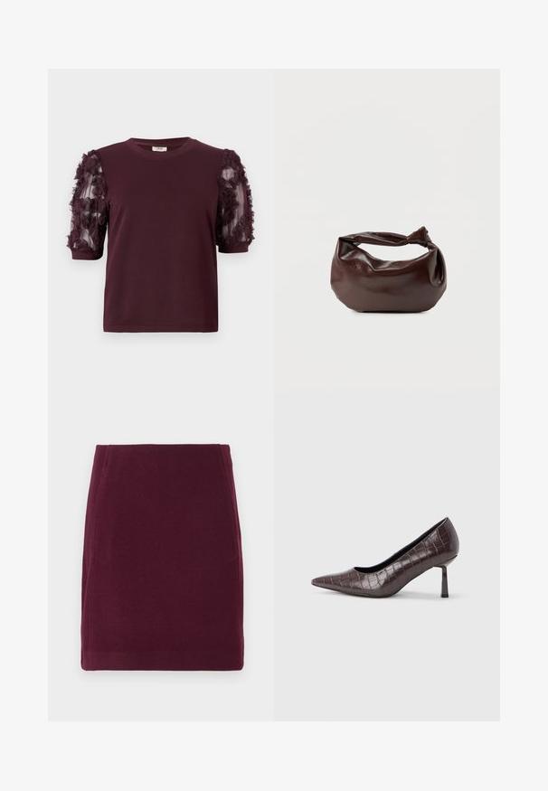 T-shirt bordeaux à manches courtes en tissu doux, avec des manches en tulle ornées de volants floraux texturés.; Vero Moda VMFORTUNALLISON SHORT - Jupe trapèze - winetasting; Escarpins à bout pointu en similicuir marron avec une texture crocodile, dotés d’un talon fin et angulaire ainsi que d’une doublure intérieure lisse.; Sac bandoulière en cuir marron foncé avec une forme souple et décontractée et une anse nouée torsadée sur un fond blanc uni.