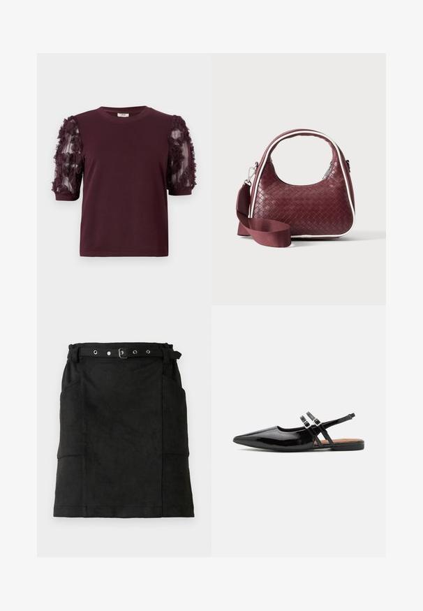 Bordeaux T-shirt met korte mouwen, gemaakt van zachte stof, met tule mouwen versierd met textuur ruffles in bloemmotief.; Zwarte leren rok met een fitted vorm, voorzien van riemlussen, een gesp en twee zijzakken. Soepele textuur, knielange ontwerp.; Zwarte gepatineerde leren slingback schoenen hebben een spitse neus, twee banden met gespsieraden en een platte zool.; Donkerrode geweven leren handtas met gebogen handvat, witte bies, zilveren rits en afneembare brede stoffen schouderriem tegen een effen achtergrond.