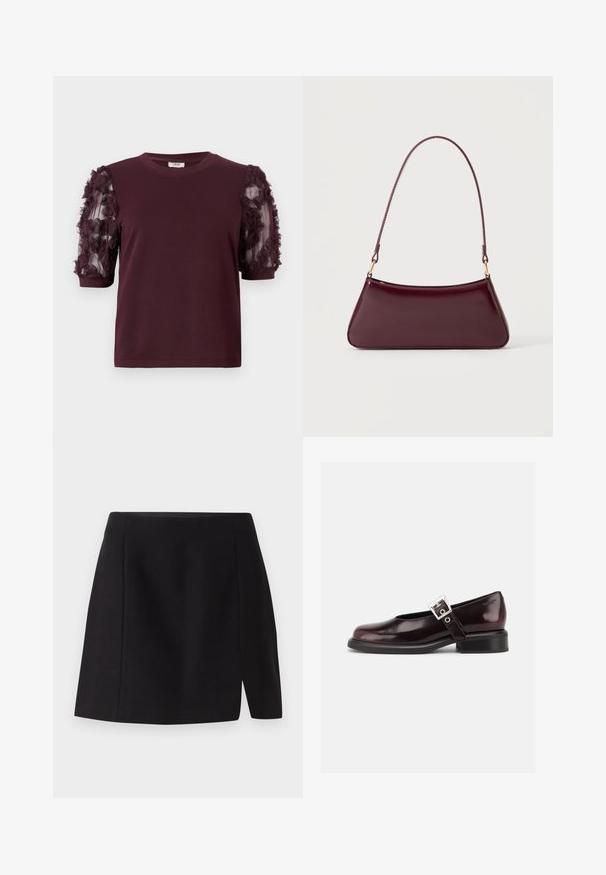 Camiseta burdeos de manga corta hecha de tela suave, con mangas de tul decoradas con volantes florales texturizados.; Mini falda negra hecha de una tela suave, con una cintura ajustada y una abertura frontal que añade un toque moderno a su diseño sencillo.; Zapato único Mary Jane brillante de color burdeos oscuro con correa ancha y hebilla plateada, tacón bloque bajo y punta redondeada sobre fondo blanco.; Bolso brillante de color burdeos oscuro con un asa fina y única y una forma elegante de trapecio sobre un fondo claro y liso.