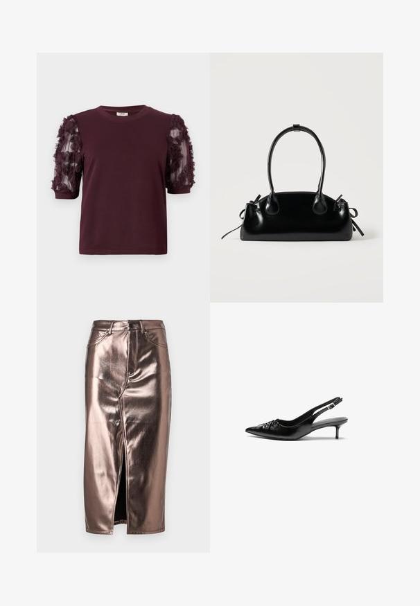 Bordeaux T-shirt med korte ærmer lavet af blød stof, med tyl ærmer dekoreret med teksturerede blomsterflæser.; Metallic bronze midi-nederdel med en frontslids, der har et klassisk denimsnit, fem lommer og en knaplukning i taljen.; Sorte læder slingback-pumps med spids tå, lav kitten-hæl og rynket detalje på overdelen. Glat tekstur og minimalistisk design.; Lille sort blank håndtaske med to lange håndtag og snøre-detaljer i siden på en ensfarvet lys baggrund.