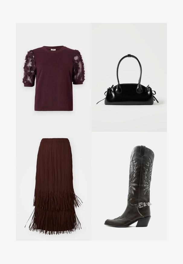 Bordeaux T-shirt met korte mouwen, gemaakt van zachte stof, met tule mouwen versierd met textuur ruffles in bloemmotief.; Bruine geplooide midi-rok met gelaagde franjerand, voorzien van een elastische tailleband en een luchtige textuur.; Zwarte leren cowboylaars met decoratieve uitsnijdingen, zilveren gesp en schuine hak, weergegeven op een witte achtergrond.; Kleine zwarte glanzende handtas met twee lange hengsels en zijkant trekkoord details op een effen lichte achtergrond.