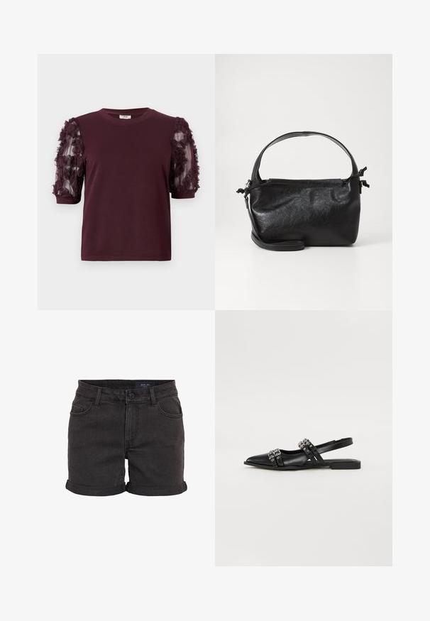 Bordeaux T-shirt med korte ærmer lavet af blød stof, med tyl ærmer dekoreret med teksturerede blomsterflæser.; Sorte denim shorts med oprullede kant, med fem-lomme design og knaplukning i taljen. Glat tekstur, afslappet pasform.; Even&Odd by Zalando Slingback-ballerinasko - black; Sort læderhåndtaske med et struktureret design, rund tophåndtag og aftagelig skulderrem. Den har en glat tekstur og en subtil glans.