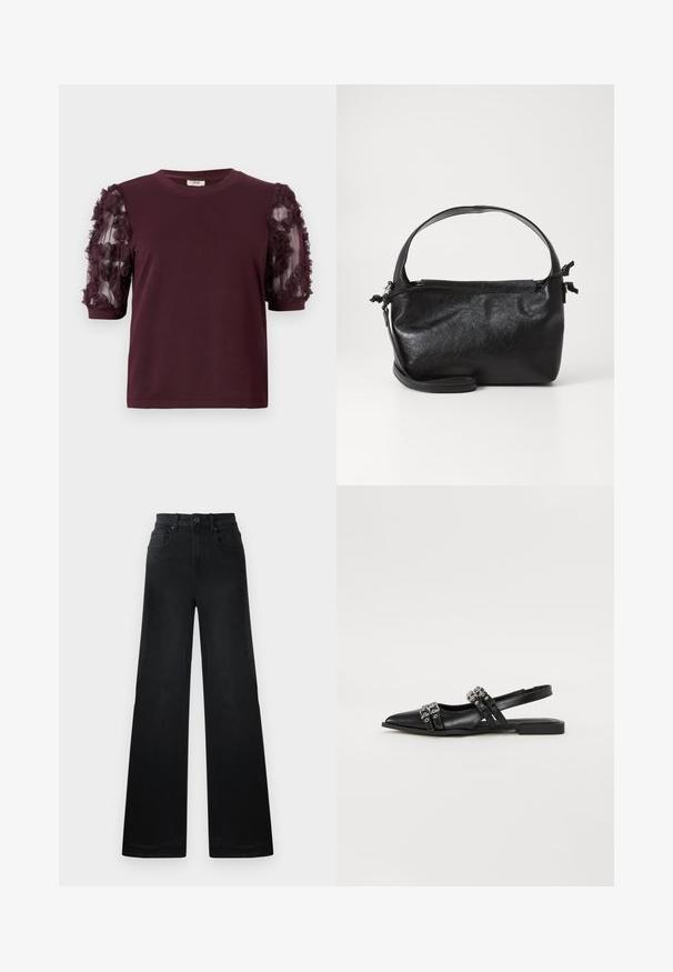 Bordeaux T-shirt met korte mouwen, gemaakt van zachte stof, met tule mouwen versierd met textuur ruffles in bloemmotief.; Zwarte denim broeken met wijde pijpen en een strakke taille, voorzien van riemlussen, voor- en achterzakken, en een gladde textuur.; Even&Odd by Zalando Slingback ballerina´s - black; Zwarte leren handtas met een gestructureerd ontwerp, een ronde bovenhandgreep en een afneembare schouderriem. Beschikt over een gladde textuur en een subtiele glans.