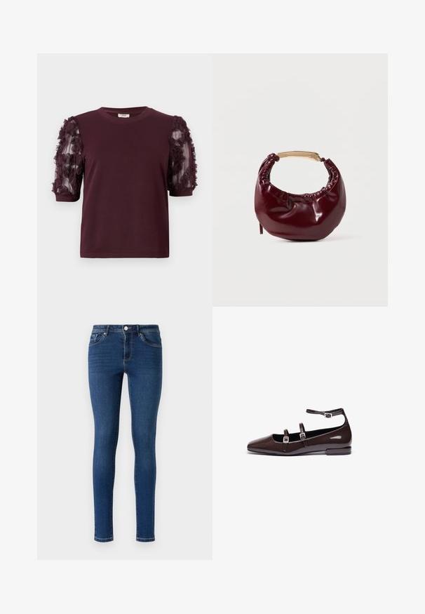Bordeaux T-shirt med korte ærmer lavet af blød stof, med tyl ærmer dekoreret med teksturerede blomsterflæser.; Slanke denimjeans i mørkeblå. Har et klassisk fem-lomme-design, metalknaplukning og diskret syninger langs sømmene.; Brune patentlæder flade sko med spids tå, der har to justerbare stropper og sølvspænder samt en lav, firkantet hæl.; Bordeaux farvet faux læder handbag med en afrundet form, samling detaljer og et guldtonet metalhåndtag. Glat tekstur og blank finish.