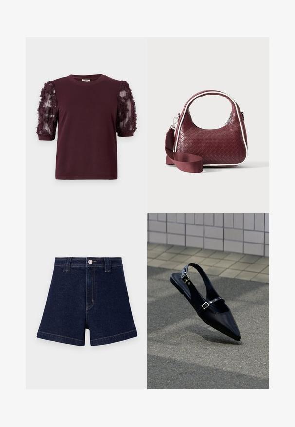 Burgunderfarbener T-Shirt mit kurzen Ärmeln aus weichem Stoff, mit Tüllärmeln verziert mit strukturierten floralen Rüschen.; Dunkelblaue Jeansshorts mit klassischem Schnitt, fünf Taschen-Design und kontrastierender gelber Naht sowie einem Metallknopfverschluss.; Schwarzer Slingback-Flachschuh mit spitz zulaufender Spitze und doppelten Schnallenriemen, ruhend auf grauem Asphalt nahe einer gefliesten Wand.; Dunkelrote gewebte Ledertasche mit gebogenem Griff, weißem Besatz, silbernem Reißverschluss und abnehmbarem breitem Stoff-Schulterriemen vor einfarbigem Hintergrund.