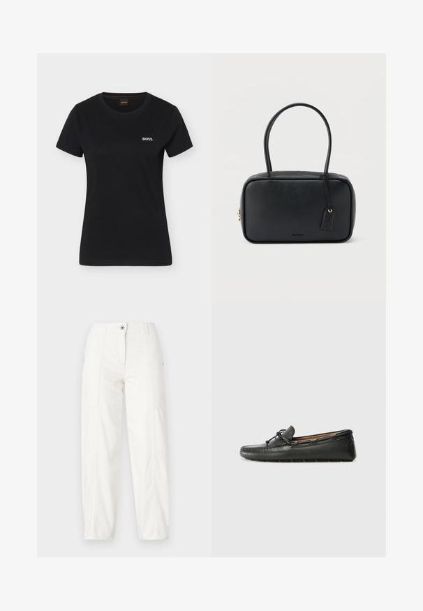 Schwarzes Damen-T-Shirt mit kurzen Ärmeln, rundem Ausschnitt und kleinem weißen "BOSS"-Logo auf der linken Brust.; Weiße Cargo-Hosen mit geradem Bein, seitlichen Taschen, Knopfverschluss und sichtbaren Nähdetails. Glattes, strapazierfähiges Material.; Schwarze Lederbootsschuhe mit rundem Zehenbereich, gestickten Details, kleinem Schleifenakzent und Gummisohle. Glatte Textur und schlankes Design.; Schwarze rechteckige Handtasche mit doppelten, abgerundeten Griffen, goldfarbenem Reißverschluss und geprägtem „HUGO“-Logo auf der Vorderseite sowie angebrachtem Lederanhänger.