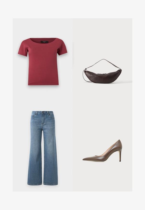 Donkerroze dames top met korte mouwen, brede ronde halslijn en nauwsluitende pasvorm, platliggend op een witte achtergrond.; Lichtblauwe wijde denim jeans met hoge taille, knoop- en ritssluiting en voorzakken.; Bruine leren pump met spits toelopende neus, slanke naaldhak en een gladde afwerking op een lichte achtergrond.; Donkerbruine leren schoudertas in halve maan vorm met een gebogen band en zichtbare stiksels op een effen achtergrond.