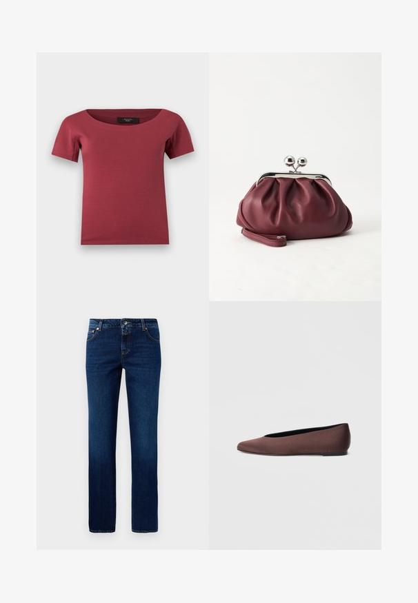 Haut pour femmes à manches courtes, de couleur rose foncé, avec un large décolleté en arrondi et une coupe ajustée, posé à plat sur un fond blanc.; Jean en denim bleu foncé avec une coupe droite, doté d'une taille classique, de cinq poches et de détails de couture subtils sur les coutures.; Ballerines en tissu marron avec un bout pointu et une texture lisse, dotées d'un talon bas et d'une fine semelle noire. Aucune motif ni élément métallique visible.; Petit sac pochette en cuir bordeaux avec fermoir métallique argenté et bracelet sur fond blanc.