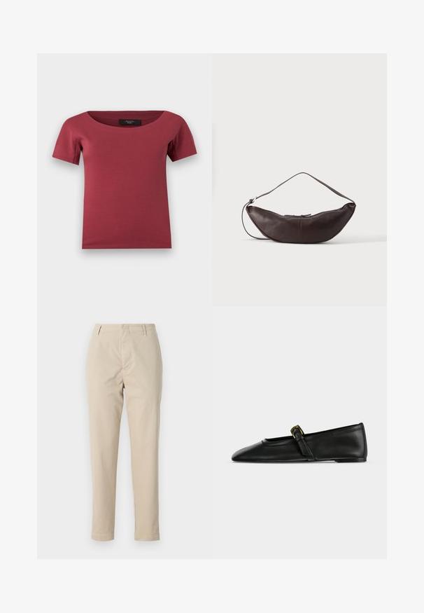 Haut pour femmes à manches courtes, de couleur rose foncé, avec un large décolleté en arrondi et une coupe ajustée, posé à plat sur un fond blanc.; Pantalons en coton beige à coupe droite, avec passants de ceinture et fermeture éclair. Le tissu a une texture lisse et aucune motif ou accent visible.; Chaussure plate Mary Jane en cuir noir à bout pointu avec une fine bride munie d'une petite boucle dorée, présentée de côté sur un fond uni.; Sac d'épaule en cuir marron foncé en forme de croissant avec une lanière courbée et des coutures visibles sur fond uni.