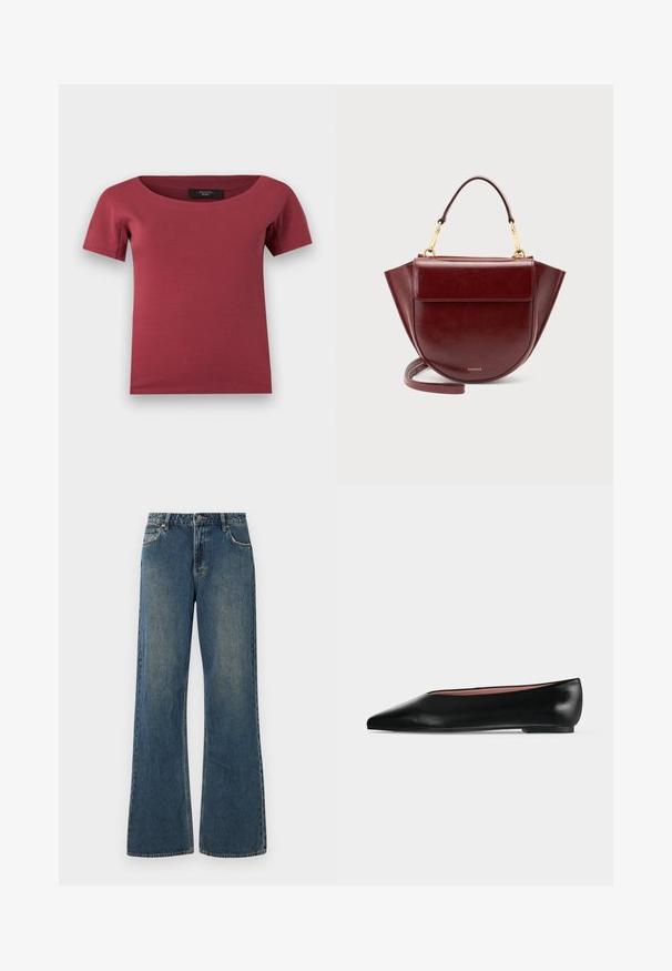 Top de mujer de manga corta, en color rosa oscuro con escote ancho y corte ajustado, colocado plano sobre un fondo blanco.; Jeans de denim de pierna ancha en azul medio con un acabado desgastado. Presenta cinco bolsillos, trabillas para el cinturón y un cierre de botón metálico. Tejido de algodón.; Zapato plano negro de cuero para mujer con punta puntiaguda y tacón bajo, mostrado de lado sobre un fondo liso gris claro.; Bolso de mano de cuero rojo oscuro con asa superior, herrajes dorados, bolsillo delantero con solapa y correa larga, sobre un fondo claro y liso.