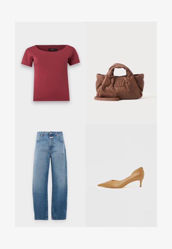 Lühikeste varrukatega tumeroosa naiste topp laia kaelakaarega ja keha järgiva lõikega, asetatud valgele taustale.; Hele sinine denim teksad, kõrge talje ja sirge jala lõikega. Omab klassikalist viit taskut ja metallist nappide sulgemist.; Teravatipulise varrega tan-nahast kingad väikese kontsaga, millel on külje peal välja lõigatud detail lisandina ja sile pind.; Pehme pruun nahast käekott lühikeste sangade, esiküljel õmmeldud logoga ja eemaldatava pika rihmaga ühtlasel heledal taustal.