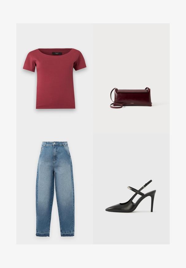 Top de mujer de manga corta, en color rosa oscuro con escote ancho y corte ajustado, colocado plano sobre un fondo blanco.; Jeans de mezclilla azul claro con cintura alta, corte suelto, diseño de cinco bolsillos y dobladillos deshilachados. Presenta costuras clásicas y cremallera en la bragueta.; Tacones altos slingback de cuero negro con punta afilada, diseño con recortes y correa ajustable con herrajes metálicos.; Bolso bandolera de cuero burdeos con textura suave, forma rectangular, cierre de solapa y una correa delgada y ajustable. Detalle del logo en dorado visible.