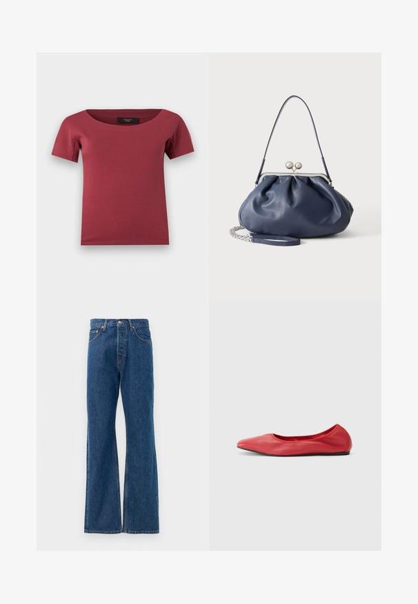 Haut pour femmes à manches courtes, de couleur rose foncé, avec un large décolleté en arrondi et une coupe ajustée, posé à plat sur un fond blanc.; Jean flare en denim bleu avec taille haute, comportant cinq poches, une fermeture à bouton en métal argenté et des accents de couture visibles.; Filippa K REY FLATS - Ballerines - bright red; Sac à main en cuir bleu marine doux avec fermeture à boucle argentée, une seule bandoulière, et une chaîne de poignet amovible sur fond blanc.