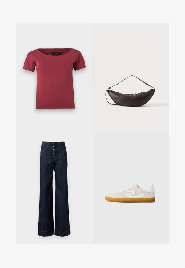 Haut pour femmes à manches courtes, de couleur rose foncé, avec un large décolleté en arrondi et une coupe ajustée, posé à plat sur un fond blanc.; Pantalons larges en denim foncé à taille haute, fermeture à cinq boutons à l'avant et couture dorée contrastante. Dispose de grandes poches avant.; Baskets en daim beige avec des accents en cuir blanc, semelle en caoutchouc naturel et bout rond. Présente un design distinct en forme de virgule sur le côté.; Sac d'épaule en cuir marron foncé en forme de croissant avec une lanière courbée et des coutures visibles sur fond uni.