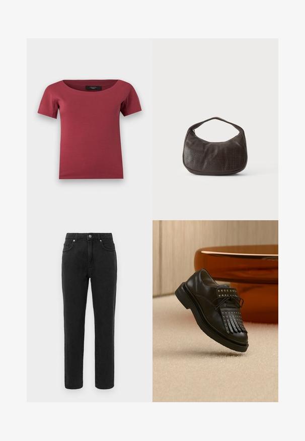 Korte ærmer, mørk rosenrød dametop med bred rund hals og tætsiddende pasform, lagt fladt på en hvid baggrund.; Sorte denimjeans med lige ben, standard fem-lomme design og knaplukning. Har diskrete stikningsdetaljer.; Sort læder snøresko med dekorativ frynse og metalnitter placeret på beige tæppe nær brunt møbel.; Lille mørkebrun tekstureret håndtaske med kort rem og afrundet bund på en ensfarvet lys baggrund.
