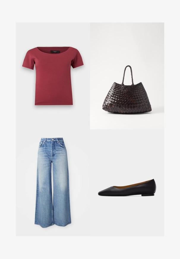 Short-sleeve, dark rose-red women’s top with wide scoop neckline and fitted cut, laid flat on a white background.; Wide-leg jeans made of light blue denim, featuring a high waist, five-pocket design, faded wash, and frayed hem.; Black leather pointed-toe flat shoe with low heel and smooth finish, shown from side on a light gray background.; DRAGON DIFFUSION SANTA CROCE BIG - Handbag - dark brown