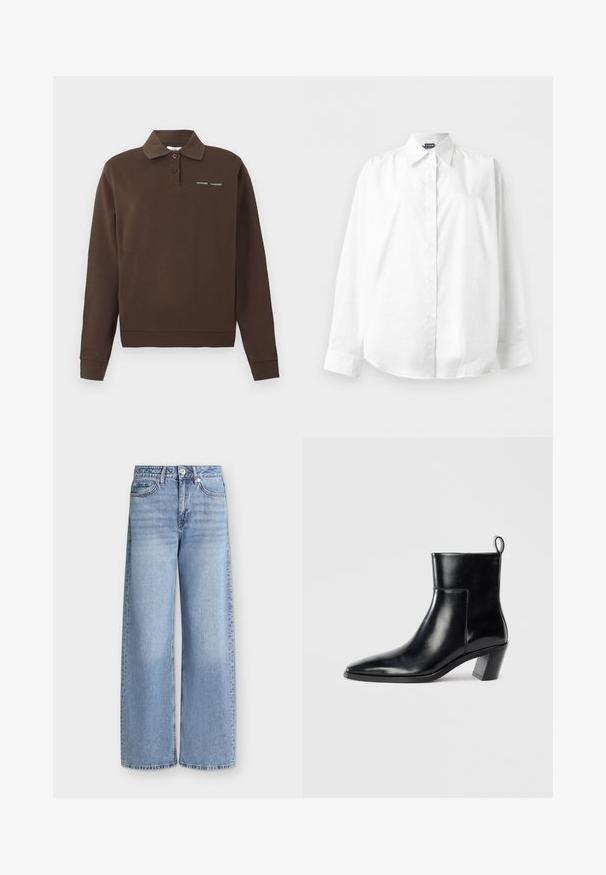 Polo marrón de manga larga con dos botones y pequeño texto de logo blanco en el pecho izquierdo, mostrado sobre un fondo simple.; Camisa blanca de manga larga con botones y cuello puntiagudo, mostrada extendida sobre un fondo blanco liso.; Vaqueros de pierna ancha azul claro con bolsillos delanteros, trabillas para cinturón, cierre de botones y detalles desgastados en los muslos.; Botín de piel negra hasta el tobillo con punta afilada, tacón apilado geométrico y una lengüeta en la parte posterior. Textura suave y diseño elegante.