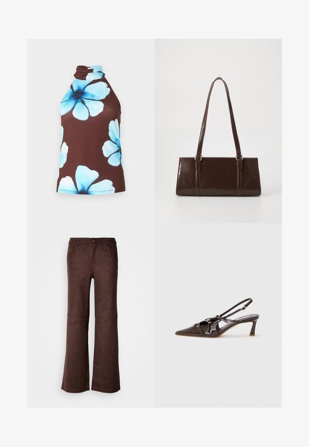 Top marrón sin mangas con cuello alto, decorado con grandes estampados florales azul claro.; Pantalones de campana marrones en un tejido suave y parecido al ante. Presentan cuatro bolsillos, un cierre de botón y una superficie lisa y texturizada.; Tacón slingback de charol marrón con punta afilada, correas ajustables y hebillas decorativas en la parte frontal. Altura del tacón de 3 pulgadas.; Bolso de mano de piel sintética marrón con forma rectangular, dos asas largas y sutiles acentos curvados en la parte delantera.