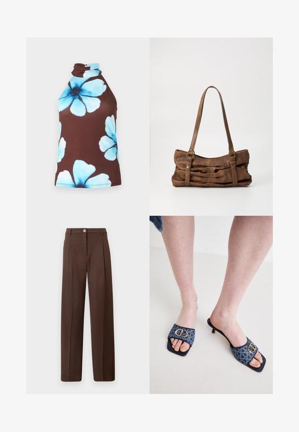 Top marrón sin mangas con cuello alto, decorado con grandes estampados florales azul claro.; Pantalones marrones de pierna recta y cintura alta con botón delantero, cremallera, trabillas para cinturón y bolsillos laterales sobre un fondo neutro.; Mules con una parte superior de tela con un patrón azul que presenta un detalle de hebilla dorada, punta cuadrada y un pequeño tacón de kitten.; Even&Odd by Zalando Bolso de mano - brown