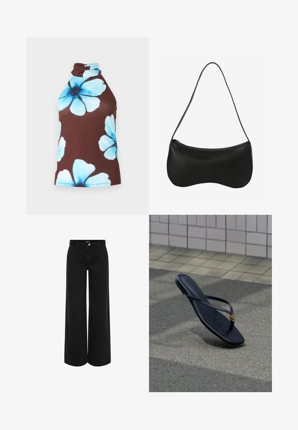 Top marrón sin mangas con cuello alto, decorado con grandes estampados florales azul claro.; Pantalones de mezclilla negros de pierna ancha con cintura alta, que cuentan con un cierre frontal con botón, dos bolsillos laterales y un diseño clásico de cinco bolsillos.; Chancla de cuero negro con un broche decorativo dorado, descansando sobre pavimento texturizado cerca de una pared de azulejos en un entorno exterior.; Bolso de hombro de cuero negro con forma curva, cierre de cremallera y una sola correa delgada; textura lisa y detalle sutil con logotipo en relieve.