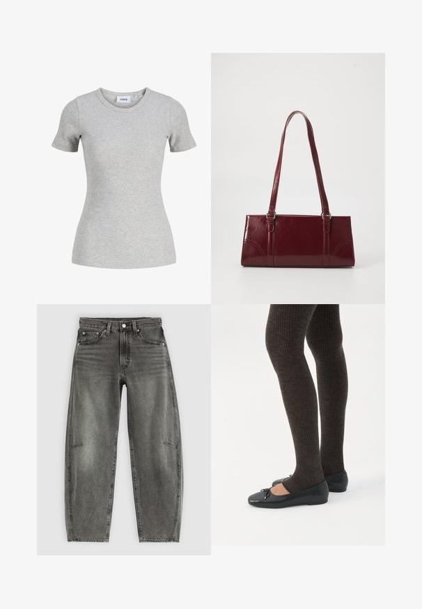 T-shirt femme gris clair à manches courtes en maille côtelée, col rond et silhouette ajustée.; Jeans en denim gris délavé taille haute avec cinq poches, fermeture à bouton et coupe droite relaxée.; Jambes portant des leggings côtelés foncés associés à des ballerines noires avec de petits détails en nœud sur fond blanc.; Sac à main bordeaux en matériau brillant, de forme rectangulaire, avec deux anses et des accents légèrement courbés à l'avant.