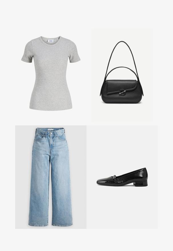 Lichtgrijs, kortemouw geribd gebreid dames t-shirt met ronde halslijn en aansluitende pasvorm.; Lichtblauwe wijde spijkerbroek met hoge taille, gemaakt van denimstof. Voorzien van een klassieke vijf-pocketontwerp en metalen hardware.; Zwarte laarzen van gepatenteerd leer met een puntige neus, een lage vierkante hak en een kleine metalen gespdetail op de band. Gladde textuur.; Zwarte leren handtas met afgeronde hoeken, asymmetrische klep, metalen ronde sluiting en zowel korte als lange schouderriemen.