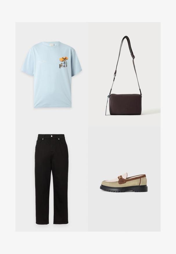 T-shirt bleu clair avec un petit motif de personnes filmant près d'une voiture jaune sur la partie supérieure gauche de la poitrine.; Pantalon en denim noir avec une coupe droite, présentant une taille haute, des poches frontales et des garnitures en métal argenté au niveau de la ceinture.; Loafer avec des panneaux en suède beige, rose clair et marron, accent en boucle en métal doré et semelle épaisse en caoutchouc noir avec un motif de crans.; Sac bandoulière en cuir marron foncé texturé avec une sangle réglable et un petit accent décoratif bleu sur le côté.