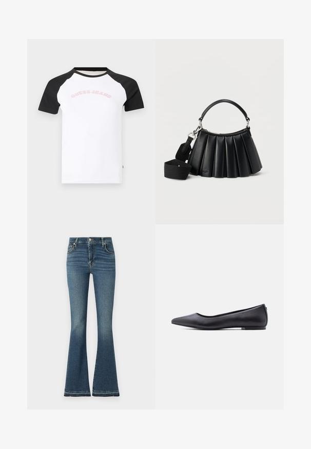 Hvid T-shirt med sorte raglanærmer og "Guess Jeans" trykt i lyserød tværs over brystet.; Bredde jeans i mellemblå denim med høj talje, diskret slid, fem-lommemodel og synlige syninger.; Sort flad lædersko med spidst tåparti og lav hæl, vist i sideprofil mod en hvid baggrund.; Sort læderhåndtaske med plissering, kort håndtag og aftagelig bred skulderrem i stof på hvid baggrund.
