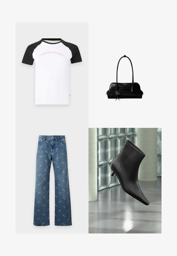 Hvid T-shirt med sorte raglanærmer og "Guess Jeans" trykt i lyserød tværs over brystet.; Lyseblå denimjeans med bred bendesign, prydet med et gentaget 'lala' logo-mønster i hvid og en klassisk fem-lomme stil.; Sort læderankelstøvle med spids tå og lille hæl vist mod en væg af glasblokke og poleret gulv baggrund.; Sort skuldertaske i krokodillelæder med lange stropper og lille sølvlogo-charm på den ene strop.