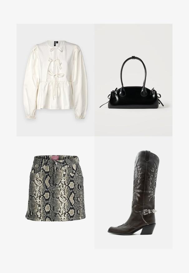 Blusa blanca de manga larga con un cuerpo ajustado, fruncidos en las mangas y un detalle decorativo de lazo en el escote. Tela suave y lisa.; Mini falda línea A con estampado de piel de serpiente sintética en negro, beige y blanco, con bolsillos delanteros y una cinturilla con botones.; Bota cowboy de cuero negro con recortes decorativos, hebilla plateada y tacón inclinado, presentada sobre fondo blanco.; Pequeño bolso negro brillante con dos asas largas y detalles de cordón lateral sobre un fondo claro liso.