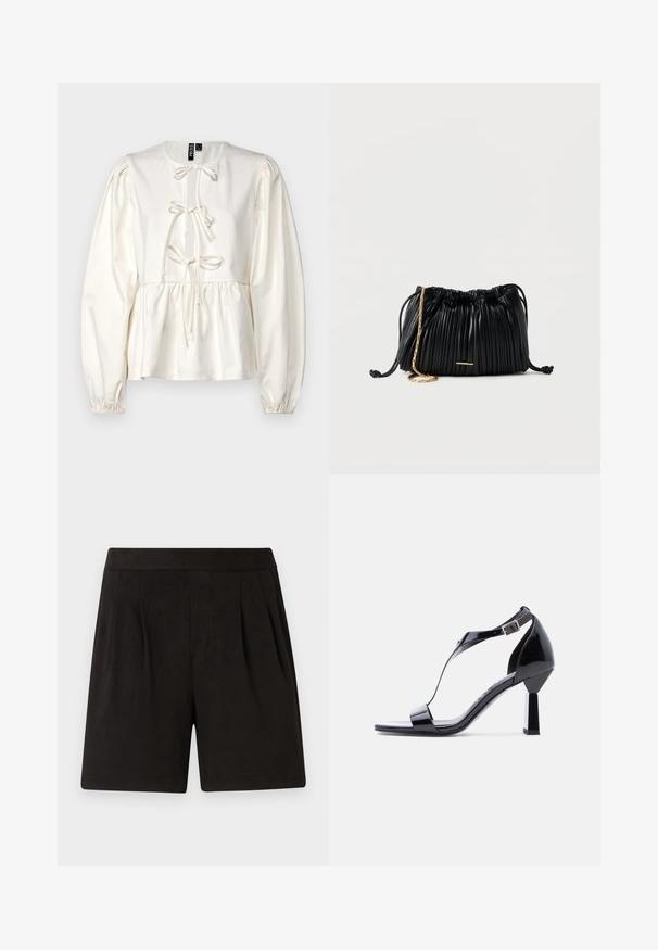 Blusa blanca de manga larga con un cuerpo ajustado, fruncidos en las mangas y un detalle decorativo de lazo en el escote. Tela suave y lisa.; Pantalones cortos negros de tela suave, con una textura lisa, cintura elástica y diseño frontal plisado. Simples y sin adornos.; Sandalias de tacón alto de charol negro con diseño de tira en T, punta cuadrada y tacón grueso para mayor estabilidad. Hebilla ajustable en el tobillo.; Bolso de mano negro de cuero plisado con cordón ajustable, cadena dorada como asa y un pequeño detalle horizontal dorado en la parte frontal.