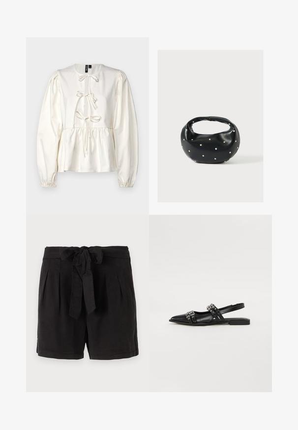 Blusa blanca de manga larga con un cuerpo ajustado, fruncidos en las mangas y un detalle decorativo de lazo en el escote. Tela suave y lisa.; Pantalones cortos de algodón negros con un cinturón de lazo en la cintura, pliegues en la parte delantera y bolsillos laterales. Textura suave y diseño casual.; Even&Odd by Zalando Bailarinas con tira trasera - black; Bolso de mano de cuero negro con forma redondeada, decorado con detalles de tachuelas plateadas y un asa corta. Textura lisa y cierre con cremallera.