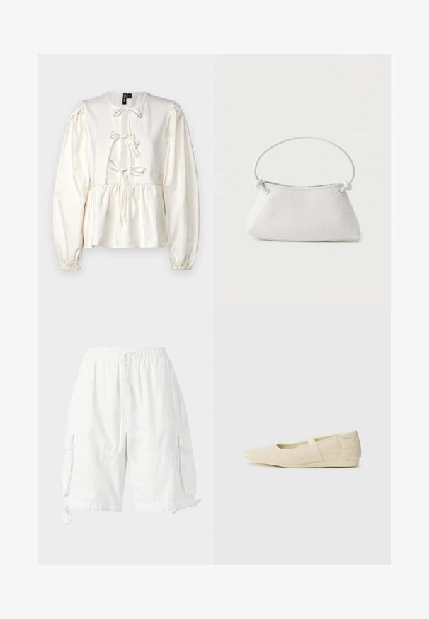 Blusa blanca de manga larga con un cuerpo ajustado, fruncidos en las mangas y un detalle decorativo de lazo en el escote. Tela suave y lisa.; Pantalones cortos de carga blancos con cintura elástica y cordón, que cuentan con dos bolsillos laterales y tirantes ajustables en el dobladillo. Fabricados en tela ligera.; Bailarinas beige con un exterior de cuero liso, punta en forma de almendra y una correa elástica en el empeine, con detalles de costura sutiles.; Bolso de mano de cuero blanco tejido con asa redondeada y extremos de la correa anudados, exhibido sobre un fondo liso.