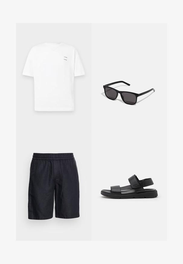 T-shirt blanc en coton avec une coupe décontractée, des manches courtes et un col en V. Présente deux petits logos noirs imprimés sur le côté gauche.; Shorts en lin noir avec une taille élastique, offrant une coupe décontractée et une texture lisse. Coupé au niveau du genou sans motifs ni accents visibles.; Sandales en cuir noir avec deux larges sangles, une bande de cheville réglable et une semelle en caoutchouc noir épaisse avec des rainures distinctives.; Lunettes de soleil rectangulaires noires avec des verres foncés. Fabriquées en plastique, avec des branches droites et un branding minimal sur le côté.