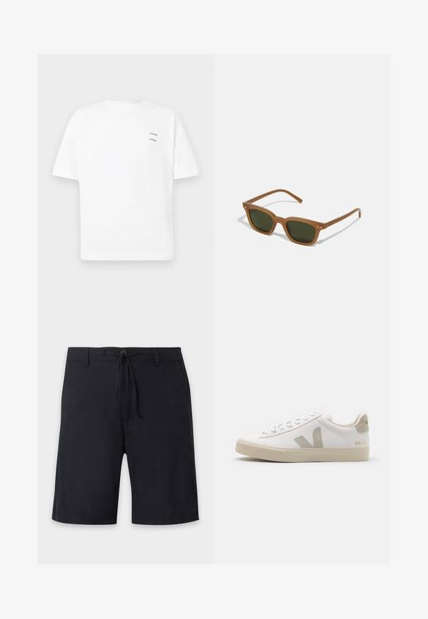 Hvid bomulds t-shirt med en afslappet pasform, korte ærmer og V-udskæring. Har to små sorte trykte logoer på venstre side.; Sorte knælange shorts med bæltestropper, knaplukning og justerbar snøretræk i taljen.; Hvide lædersneakers med beige detaljer, flad gummisål, rund tå og kontrasterende logo på siden og bagsiden. Snørebåndsdesign.; Brune acetat solbriller med mørkegrønne linser, rektangulær form og guld accenter på stængerne. Glat struktur, minimalistisk design.