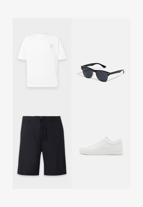 Witte katoenen t-shirt met een relaxed fit, korte mouwen en een V-hals. Bevat twee kleine zwarte bedrukte logo's aan de linkerkant.; Zwarte knielange shorts met riemlussen, een knoopsluiting en een verstelbaar trekkoord in de taille.; Witte lage sneakers van glad leer, met een ronde neus, platte zolen en subtiele branding aan de zijkant.; Zwarte zonnebril met een rechthoekige vorm, donkere lenzen, zilveren accenten bij de slapen en een matte afwerking op het montuur.