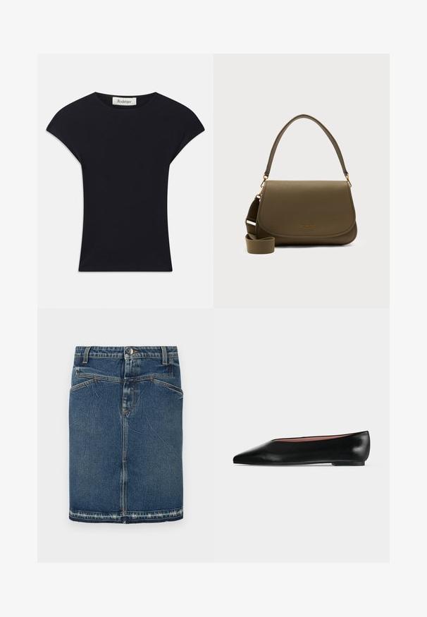 Schwarzes Kurzarmoberteil aus weichem Stoff, mit einem runden Ausschnitt und einer figurbetonten Form, die subtile Schulterakzente setzt. Etikett sichtbar.; Denimrock mit einem klassischen Blue-Wash, fünf Taschen-Design und fransigem Saum. Schließt mit einem vorderen Knopf und Reißverschluss.; Schwarzer flacher Damenleder-Schuh mit spitzer Kappe und niedrigem Absatz, von der Seite auf einfarbigem hellgrauem Hintergrund gezeigt.; Olivgrüne Leder-Umhängetasche mit goldfarbenen Beschlägen, gewölbter Klappe, einem oberen Tragegriff und verstellbarem Stoffriemen.