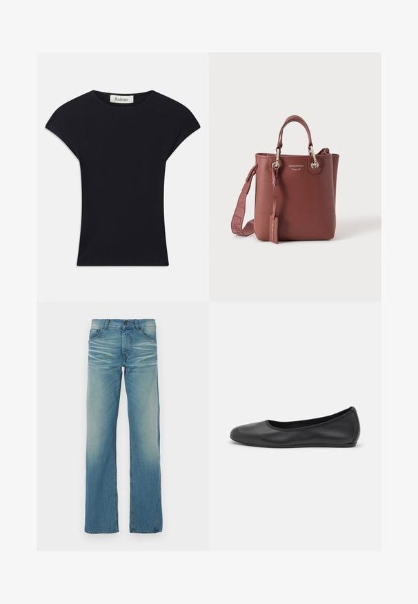 Sort kortærmet top lavet af blødt stof, med rund halsudskæring og en tætsiddende form med diskrete skulderdetaljer. Mærke synligt.; Lyseblå denimjeans med lige ben, blegning, fem lommer og knaplukning. Synlig syning som accent.; Sort læderballetsko med rund tå, glat tekstur, minimal syning og et fleksibelt såldesign.; Brun læderhåndtaske med tophåndtag, aftagelig skulderrem og sølvfarvet hardware, mærket med "Emporio Armani" tekst.