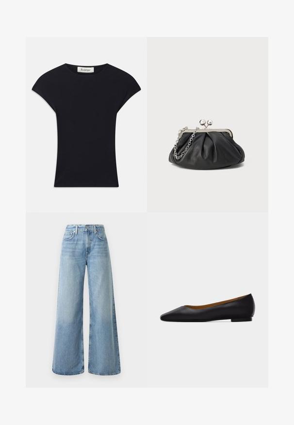 Zwarte korte mouwen top van zacht stof, met een ronde halslijn en een aansluitende vorm met subtiele schouderaccenten. Etiket zichtbaar.; Lichtblauwe denim wijde jeans met een hoge taille, voorzien van vier zakken, een knoopsluiting en subtiele vervaging op de stof.; Zwarte leren puntschoen met lage hak en gladde afwerking, zijaanzicht op een lichtgrijze achtergrond.; Zwarte leren clutch met geplooide textuur, zilverkleurig metalen frame, drukknopsluiting en kettingriem. Glad, zacht oppervlak.