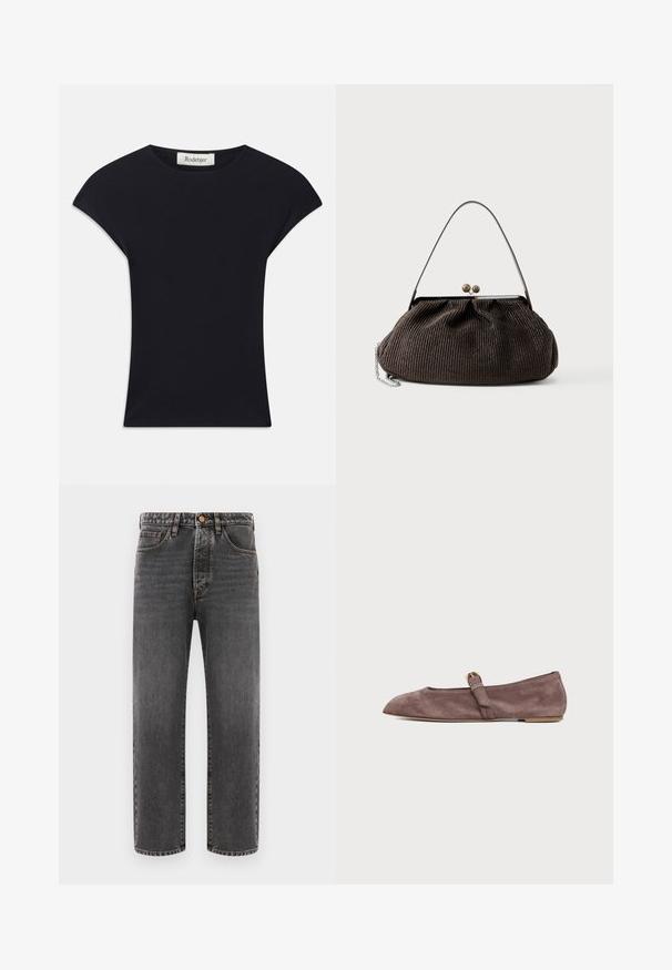 Schwarzes Kurzarmoberteil aus weichem Stoff, mit einem runden Ausschnitt und einer figurbetonten Form, die subtile Schulterakzente setzt. Etikett sichtbar.; Dunkelgraue Jeans aus Denim mit geradem Schnitt, fünf Taschen und sichtbaren Nähtelementen. Knopfverschluss hinten am Bund.; Brauner Wildleder flacher Mary Jane Schuh mit spitzer Zehenkappe und kleinem goldfarbenem Schnallenriemen auf weißem Hintergrund.; Kleine dunkelbraune Handtasche mit strukturierter Oberfläche, kurzem Riemen, Metallrahmen und Schnappverschluss, liegend auf einem schlichten hellen Hintergrund.