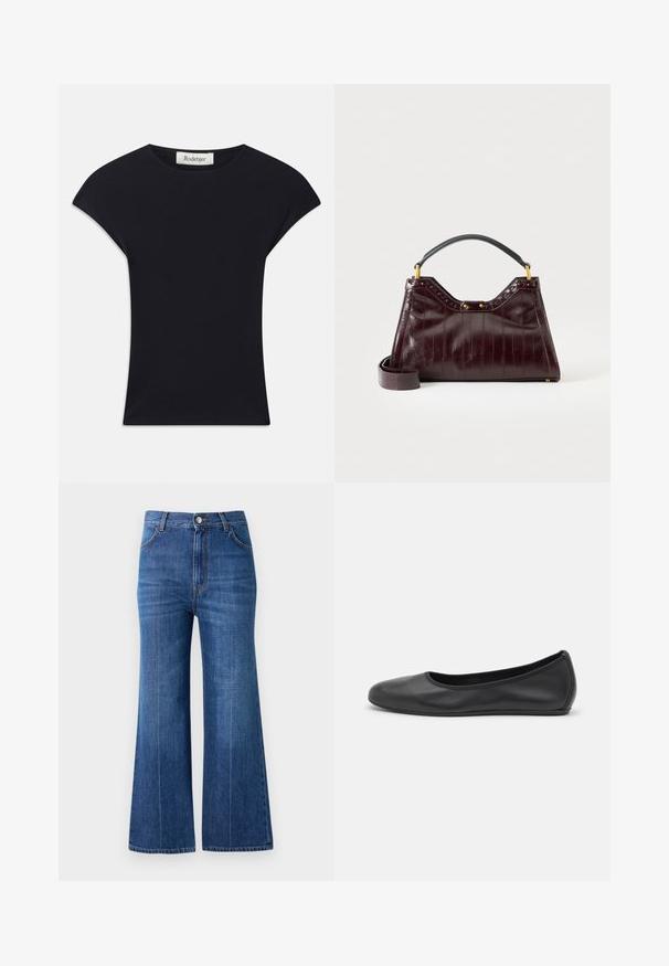 Schwarzes Kurzarmoberteil aus weichem Stoff, mit einem runden Ausschnitt und einer figurbetonten Form, die subtile Schulterakzente setzt. Etikett sichtbar.; Weite Jeans aus dunkelblauem Denim mit hoher Taille, subtilen Waschungen und klassischem Five-Pocket-Design. Mit kontrastierendem Faden genäht.; Schwarze Leder-Ballettschuhe mit abgerundeter Spitze, glatter Textur, minimalen Nähdetails und einem flexiblen Sohlen-Design.; Dunkelburgunderrote Lederhandtasche mit strukturiertem Muster, schwarzem Tragegriff oben, goldenen Beschlägen und abnehmbarem Schulterriemen vor weißem Hintergrund.