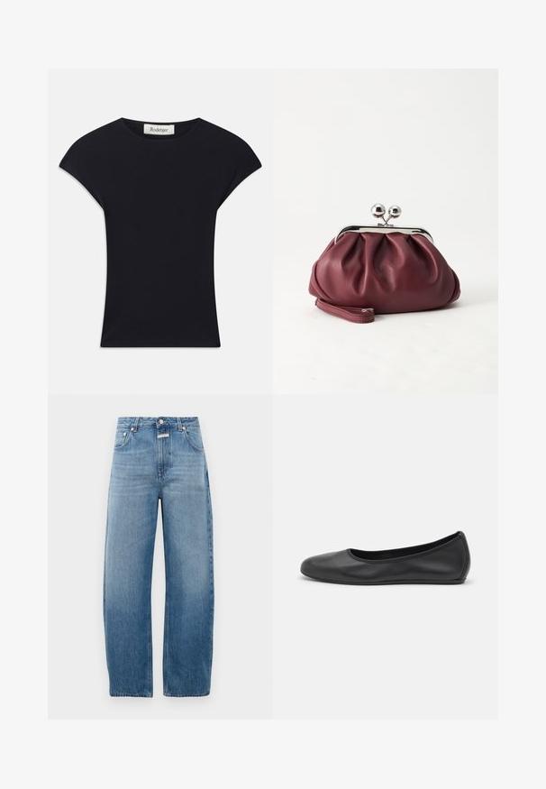 Zwarte korte mouwen top van zacht stof, met een ronde halslijn en een aansluitende vorm met subtiele schouderaccenten. Etiket zichtbaar.; Lichtblauwe denim jeans, hoge taille, met een rechte pijp. Bevat een klassiek vijf-pocket ontwerp en een metalen knoopsluiting.; Zwarte leren ballerina met een ronde neus, gladde textuur, minimale stikdetails en een flexibele zoolontwerp.; Kleine bordeauxrode leren clutch-portemonnee met zilverkleurige metalen sluiting en polsbandje op een witte achtergrond.
