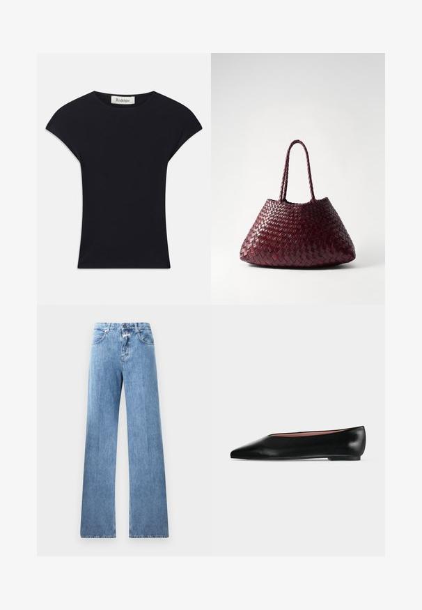 Haut noir à manches courtes en tissu doux, avec un col rond et une coupe ajustée, ornée de légers accents d'épaule. Étiquette visible.; Jeans en denim bleu clair avec une coupe large, cinq poches, passants de ceinture et fermeture à bouton. Le tissu a une texture lisse.; Chaussure plate en cuir noir pour femme, avec bout pointu et petit talon, vue de côté sur un fond gris clair uni.; DRAGON DIFFUSION SANTA CROCE BIG - Sac à main - bordo